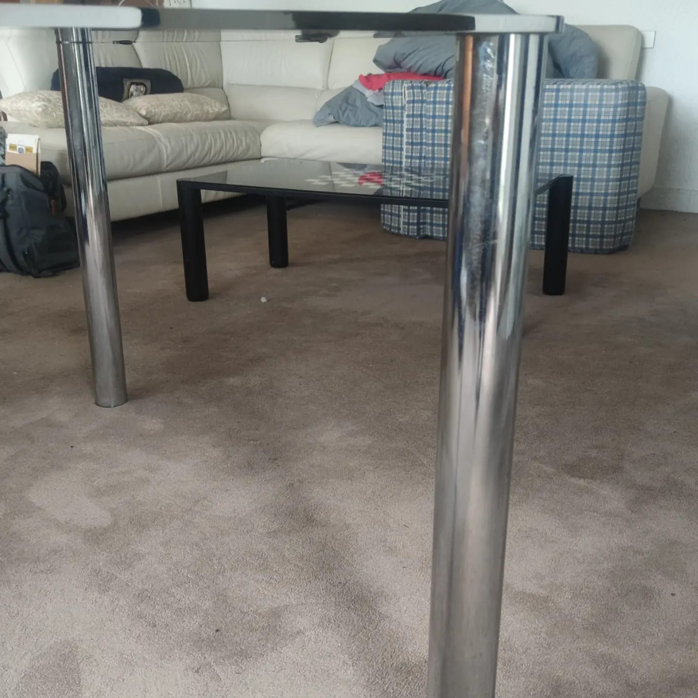 Dining table in chromed steel and smoked glass top, 1969