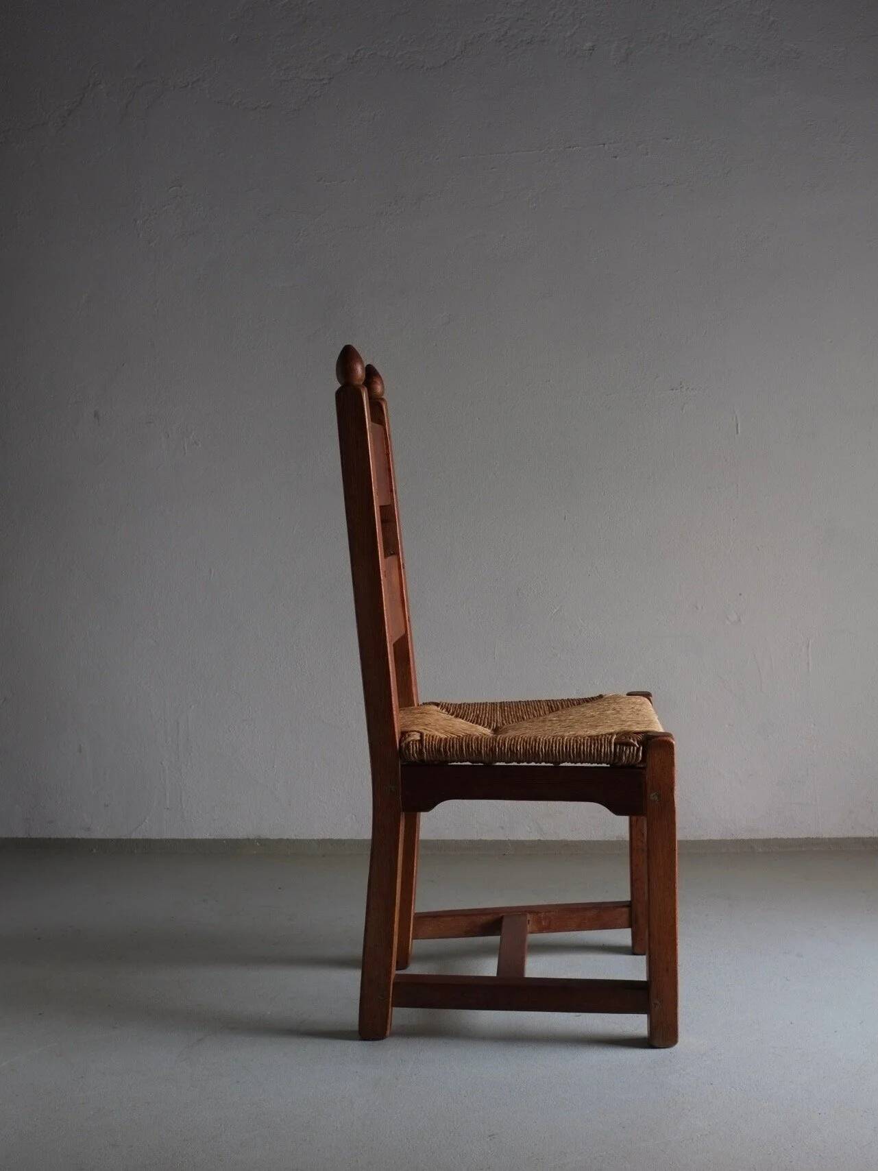 4 brutalist oak rush seat chairs | France | 1960s