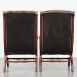 Set of 2 Green Leather English Chesterfield Armchairs Combined with wood