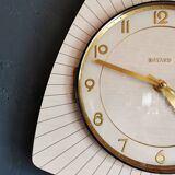 Vintage formica clock silent asymmetrical wall pendulum "Bayard wood lines"