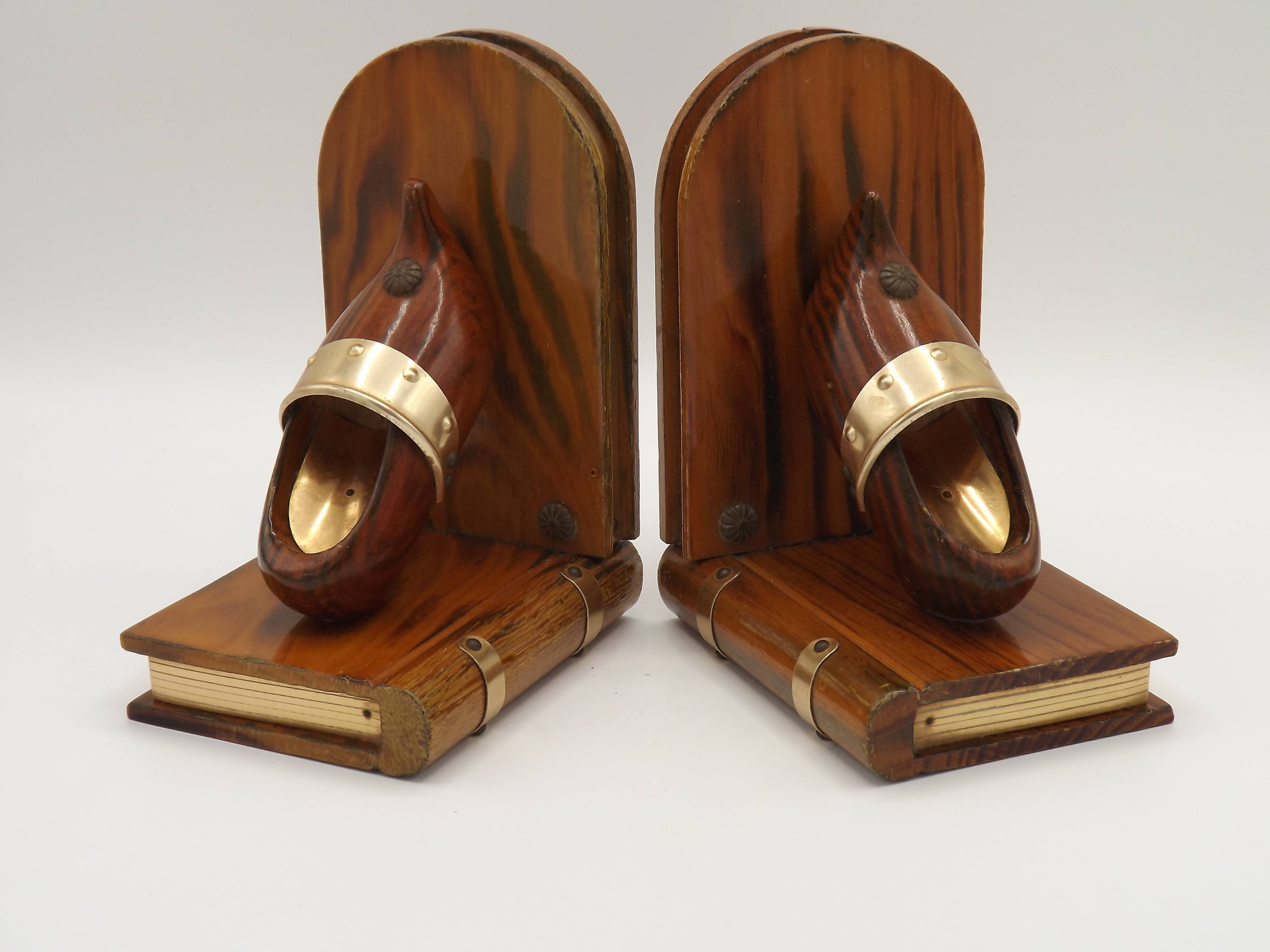 Vintage French Breton wooden bookends hand-carved with book and clog motif.