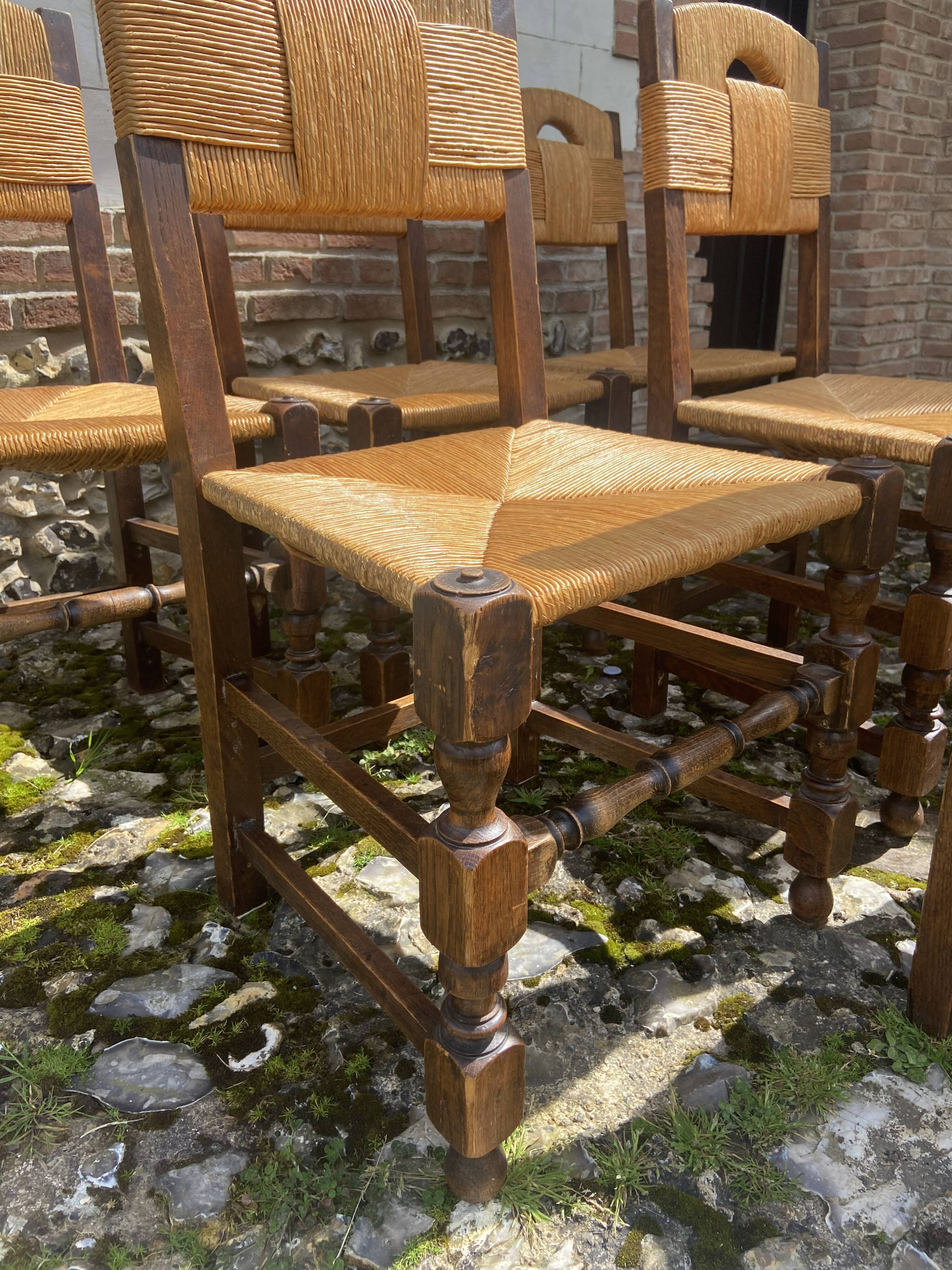 Six brutalist chairs straws and wood 60s