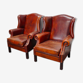 Set de 2 fauteuils club à ailes vintage en cuir cognac Pays-Bas