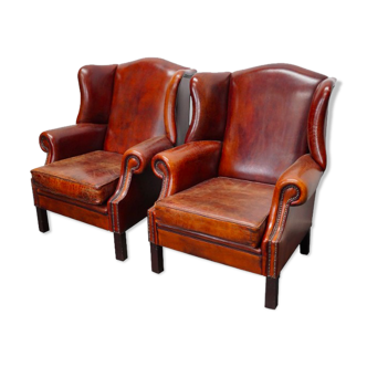 Set of 2 vintage winged club armchairs in cognac leather Netherlands