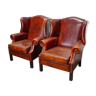 Set of 2 vintage winged club armchairs in cognac leather Netherlands