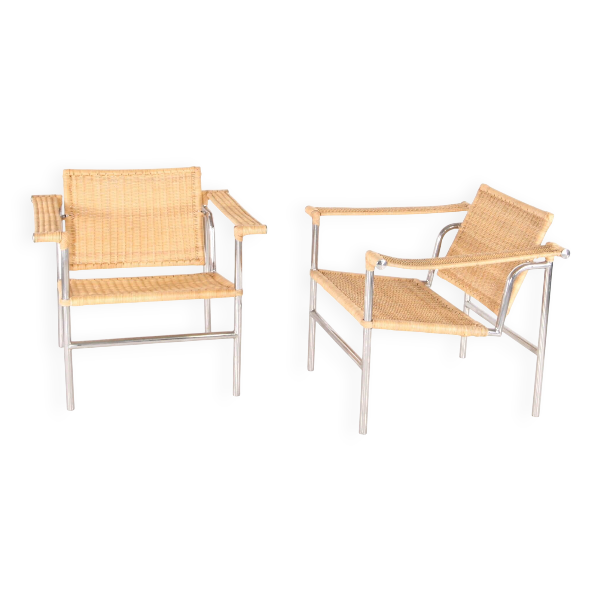 Pair of wicker and chrome armchairs