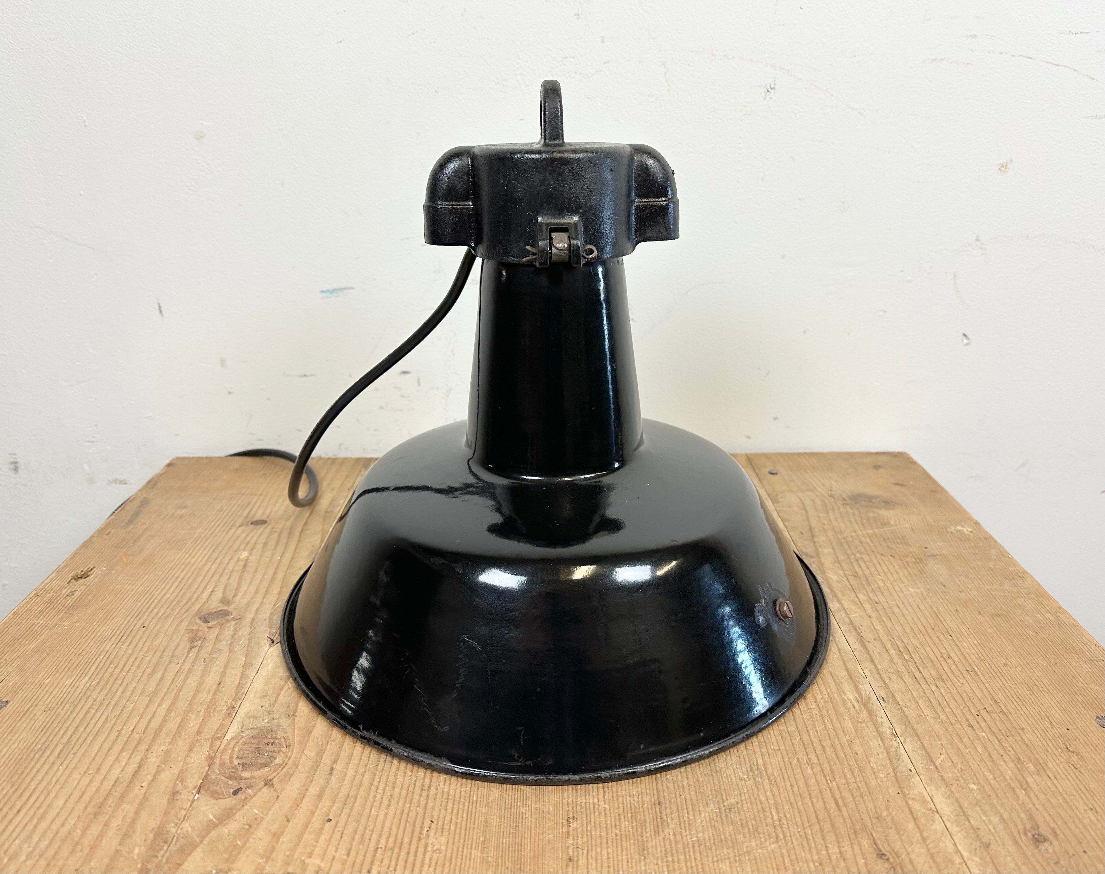 Industrial Black Enamel Factory Lamp with Cast Iron Top, 1960s