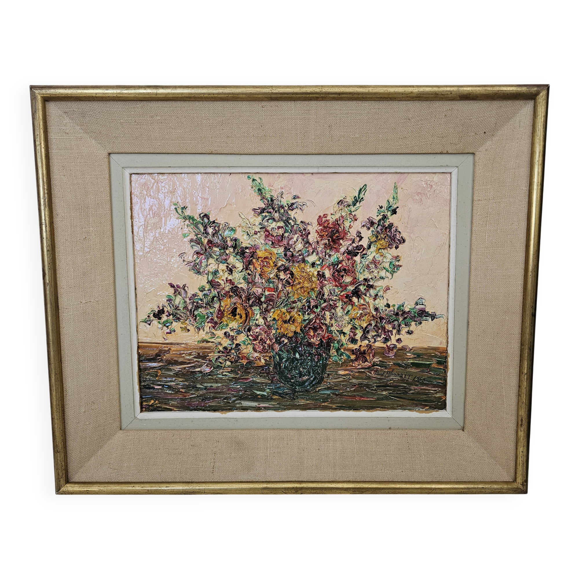 Oil on canvas - Bouquet of flowers with a knife Signed Paul Abouzit