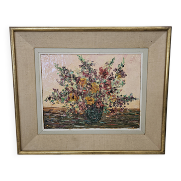 Oil on canvas - Bouquet of flowers with a knife Signed Paul Abouzit