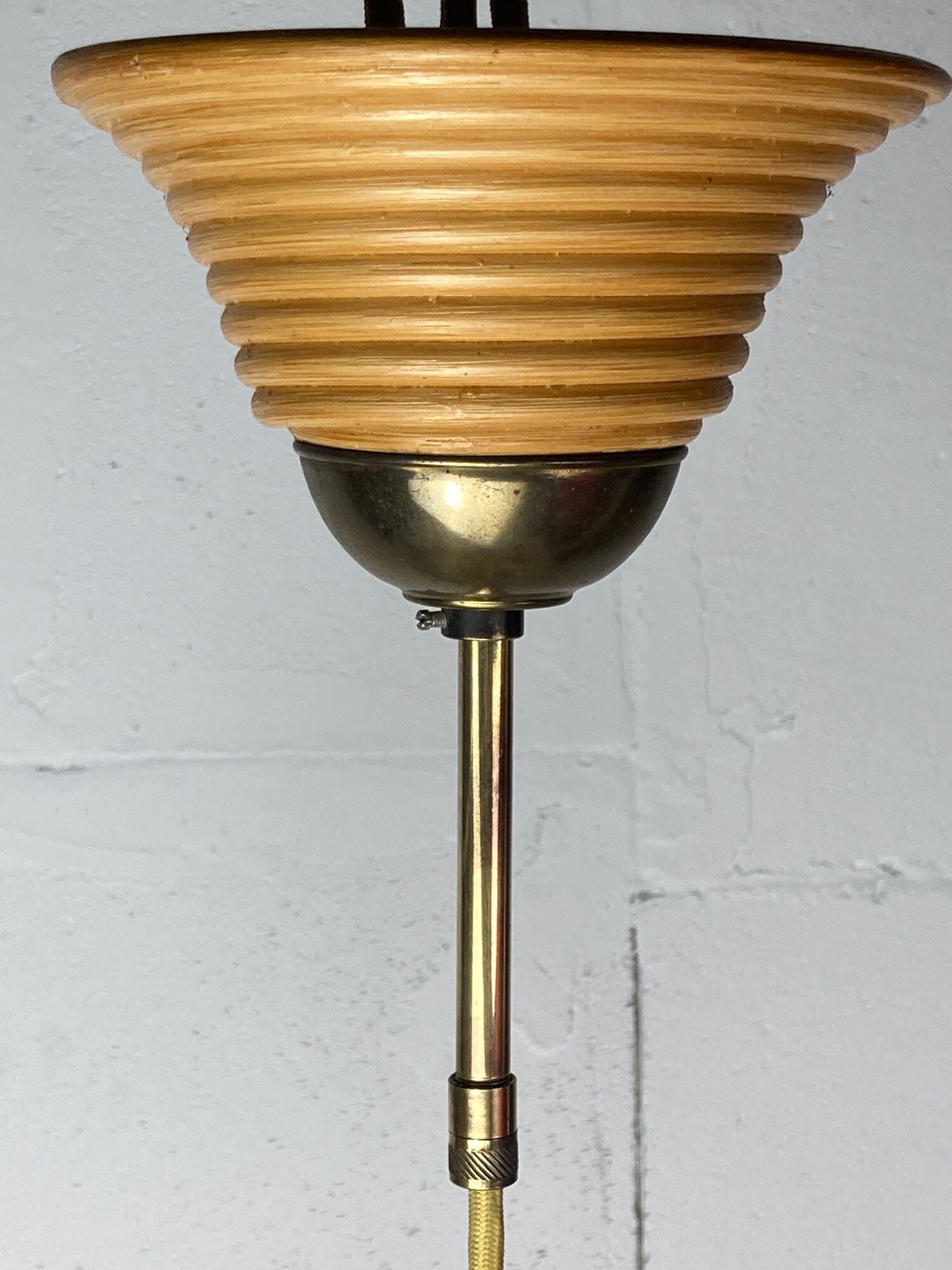 Pair pencil reed rattan bamboo and brass pendants, Italy 1970s