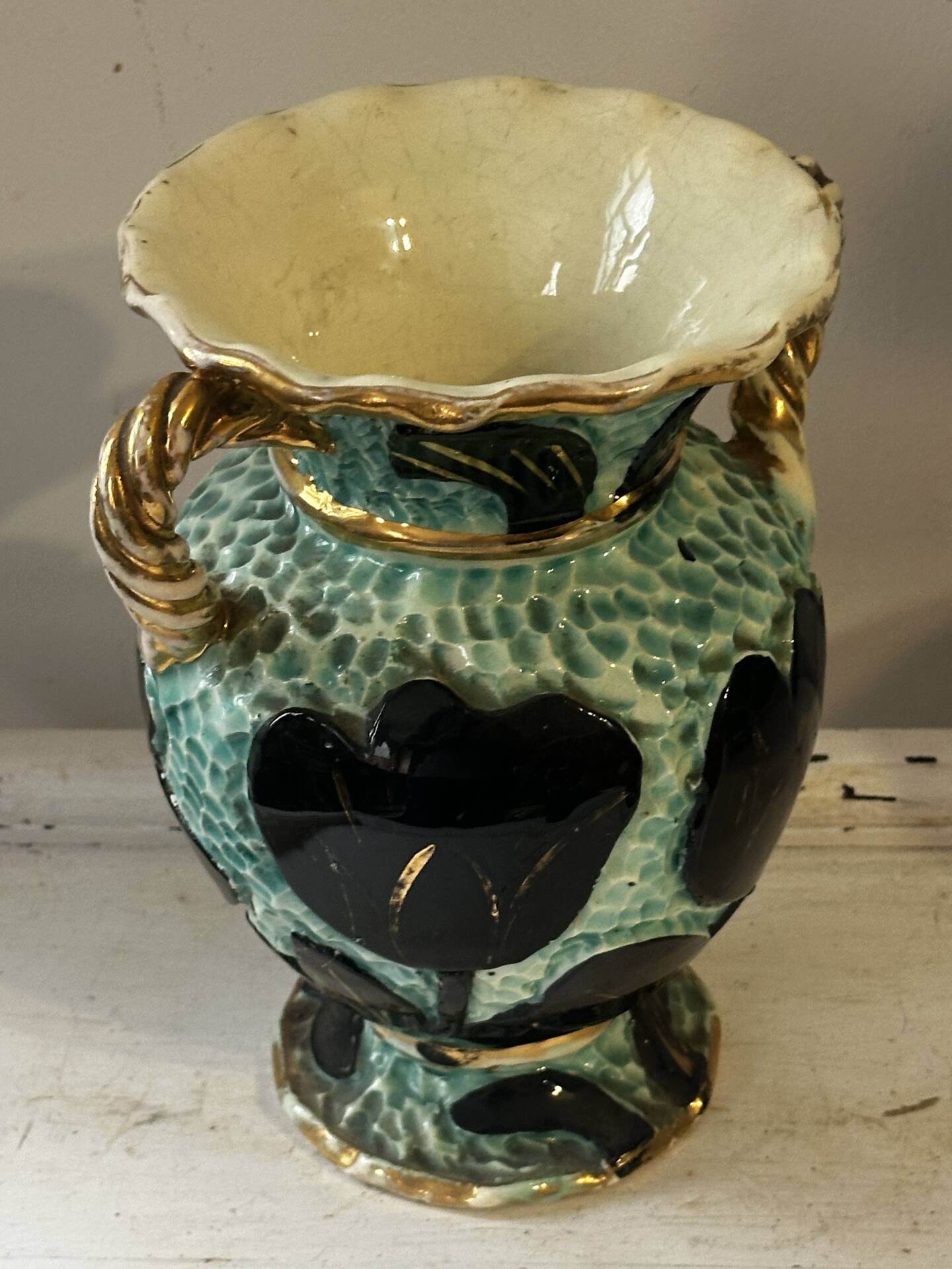 Pair of Vallauris vases in turquoise and black ceramic enhanced with o