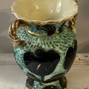 Pair of Vallauris vases in turquoise and black ceramic enhanced with o
