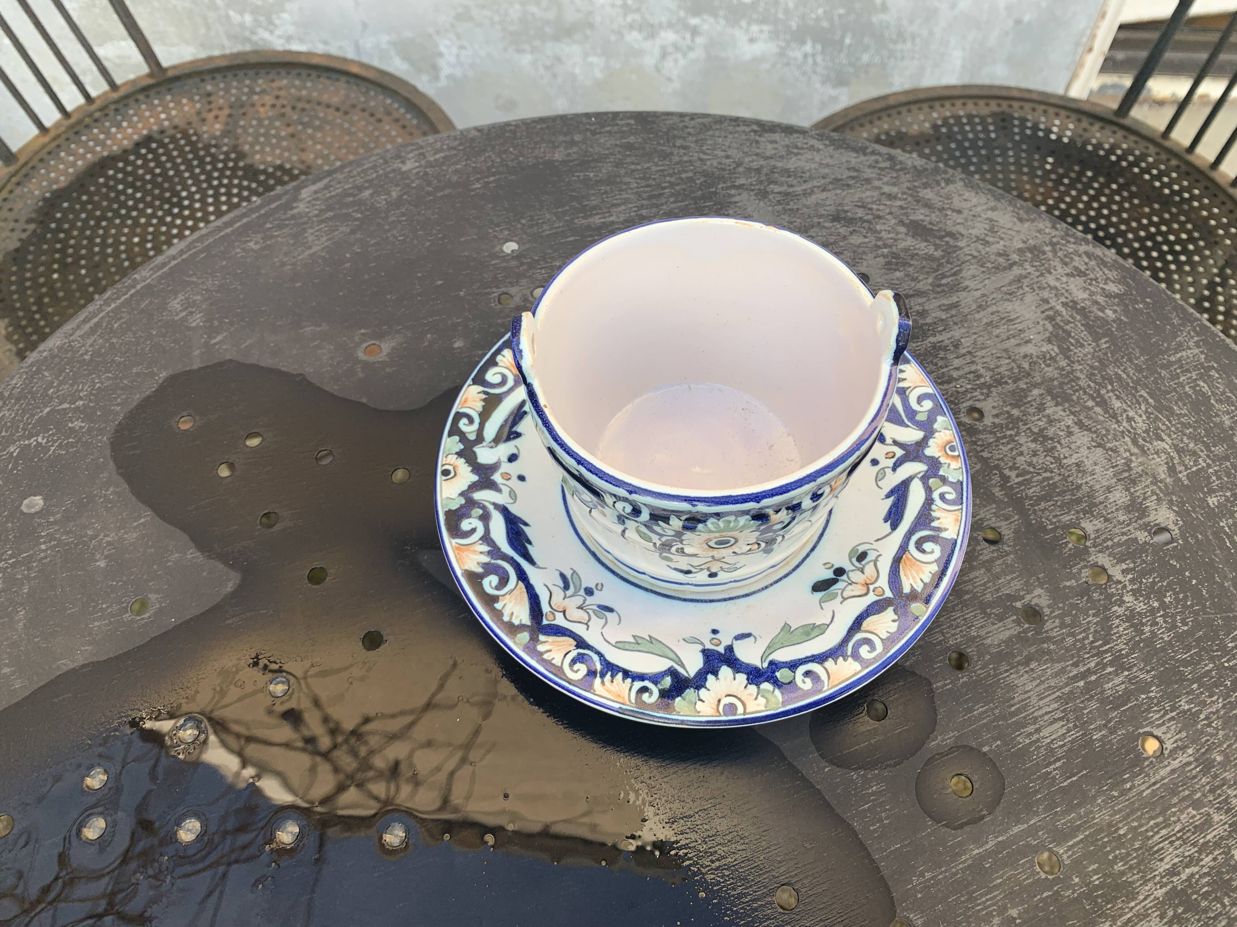 Butter dish, sauce pot in Old Rouen earthenware, handmade, made in France, floral pattern, vintage