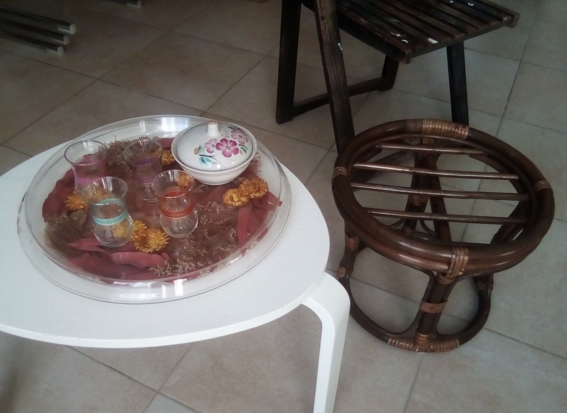 Vintage rattan stool coffee table