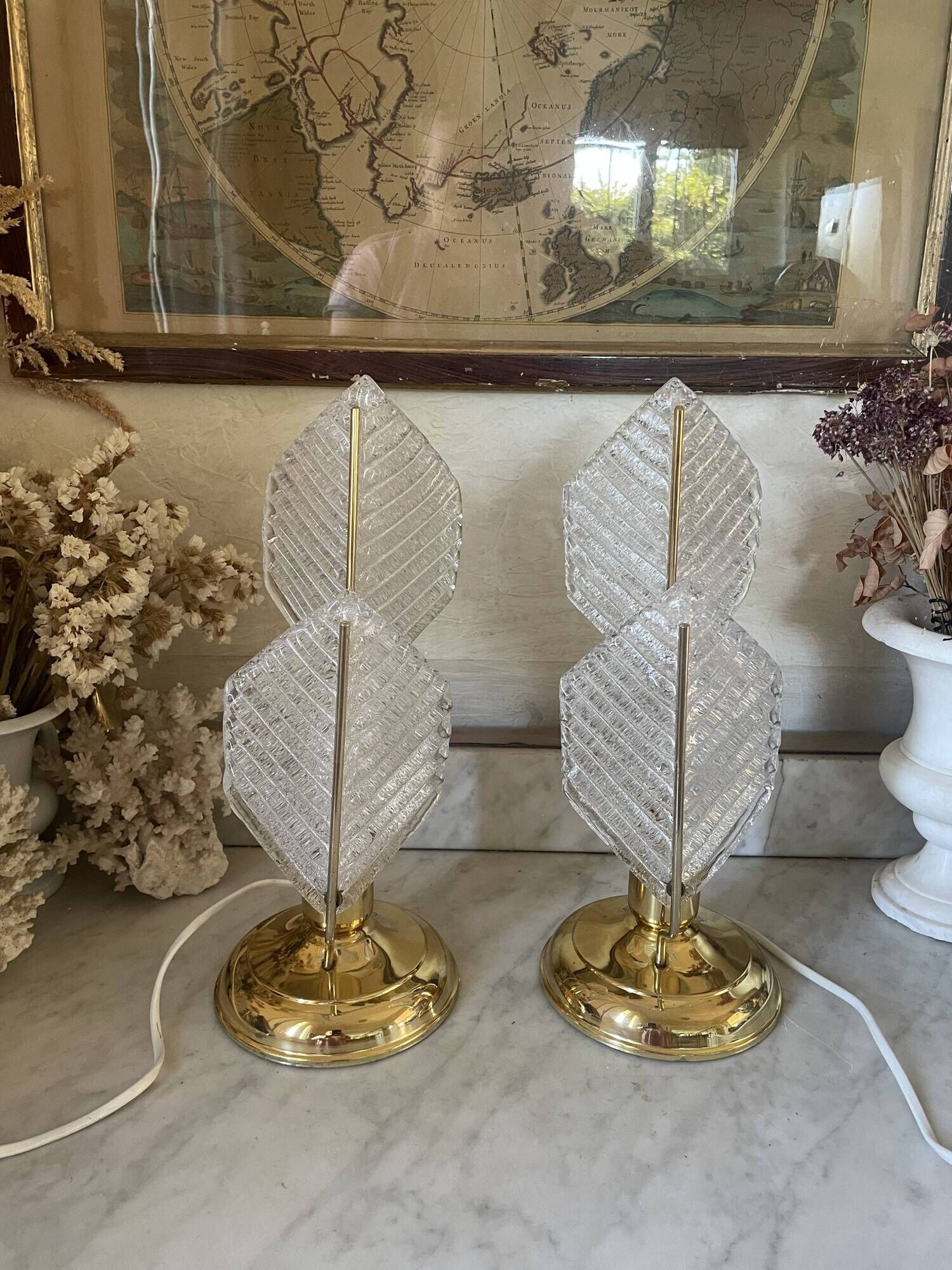 Paire de lampes métal doré et verre texturé, Mirasluz, 70’s