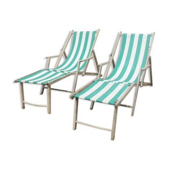 2 old deckchairs green & white bayadère canvas