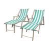 2 old deckchairs green & white bayadère canvas