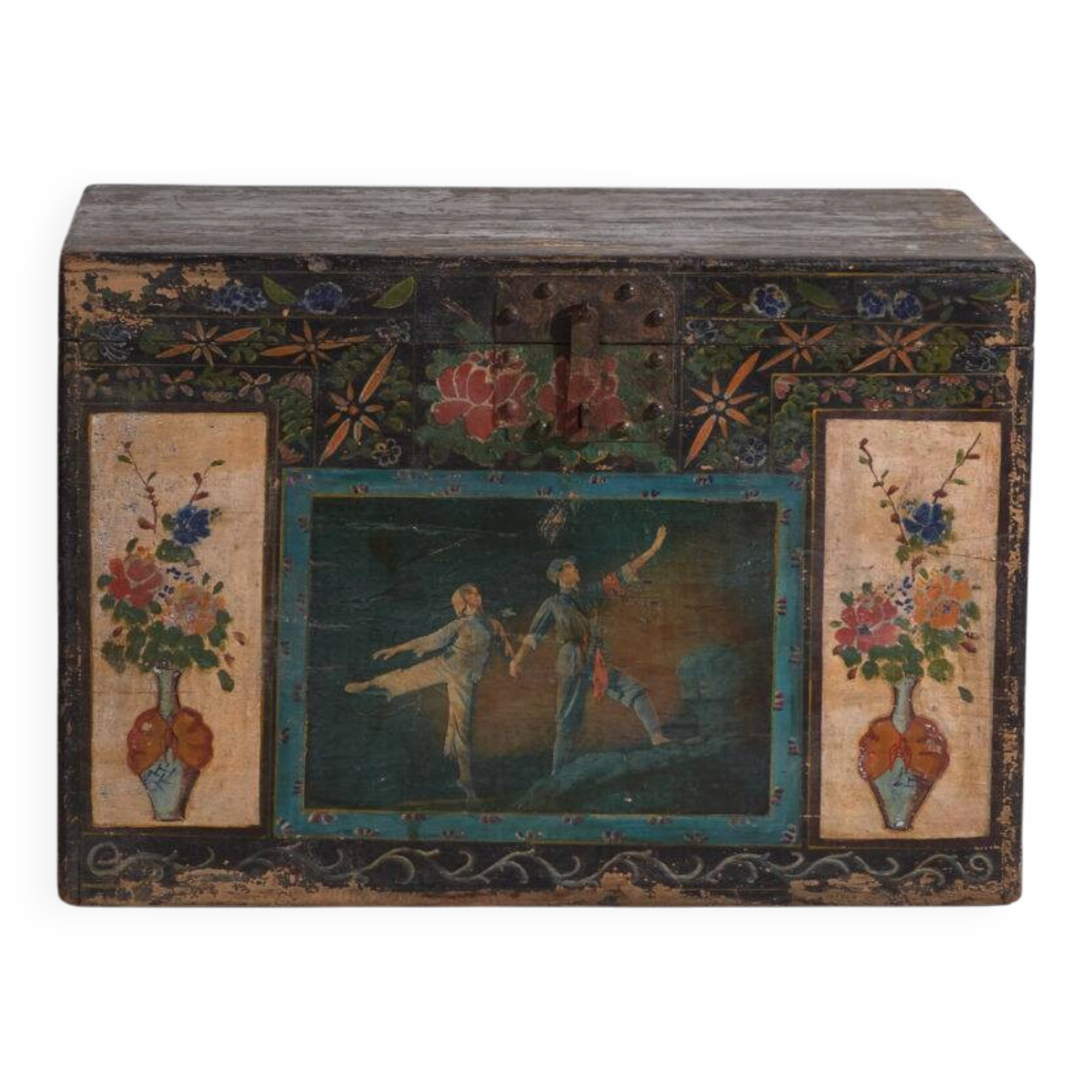 Coffre chinois ancien peint en bois de pin – Chine, circa 1900