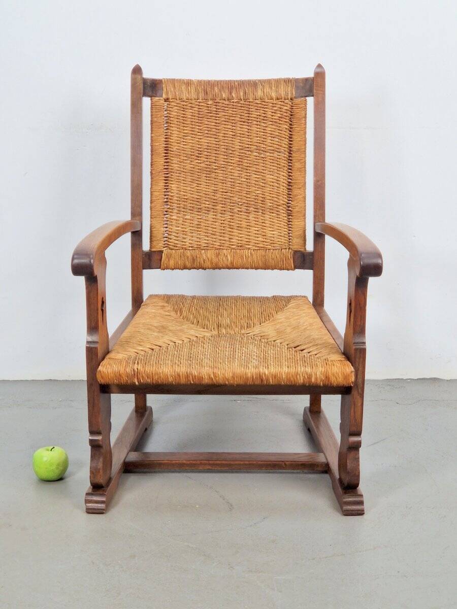 Modern Dutch Brutalist Armchair in Rush and Oak, 1950s