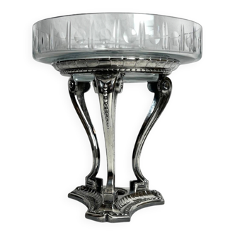 Art Deco, tripod fruit bowl in silver-plated metal by Gallia, crystal, circa 1930.