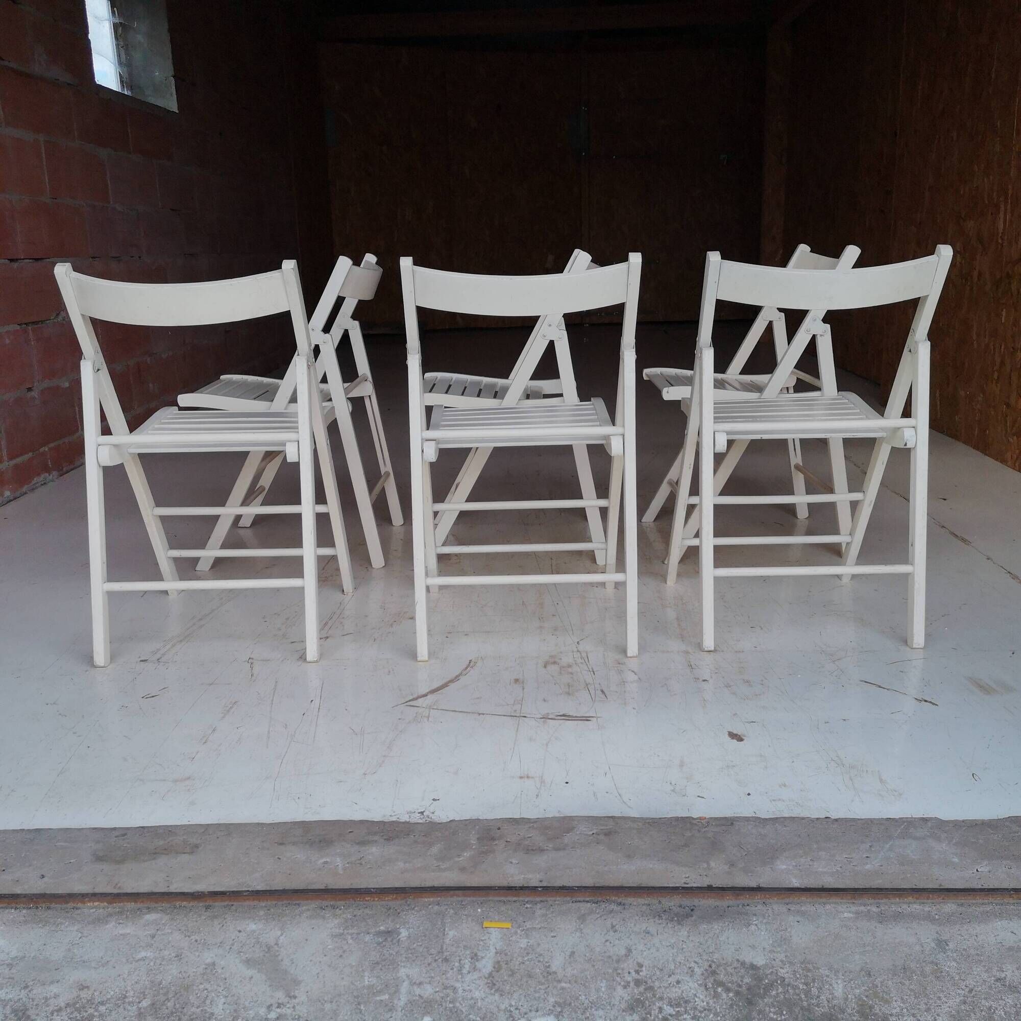 Set of 6 White Wooden Folding Chairs Vintage Scandinavian Style 1980s