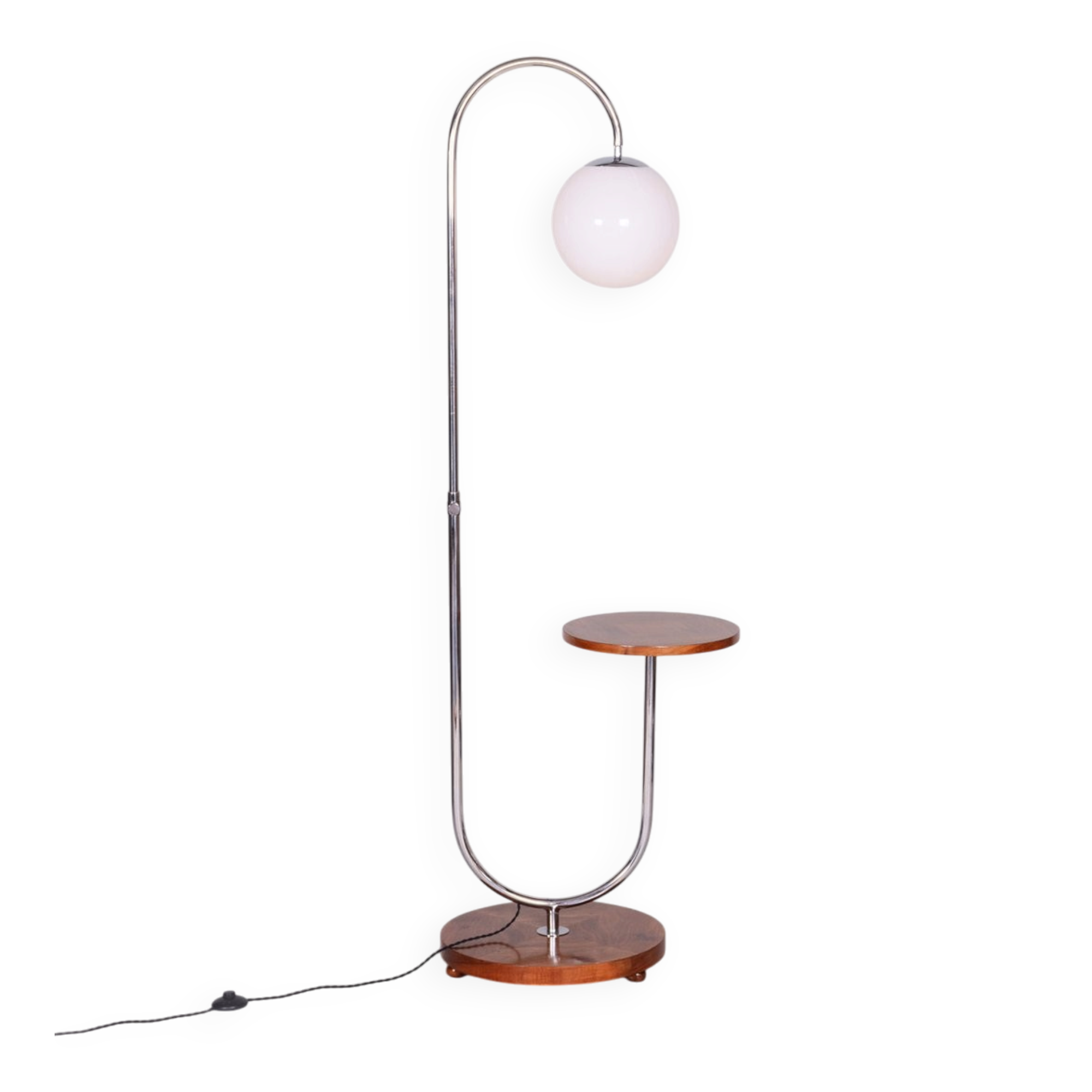 Bauhaus Adjustable Floor Lamp in Walnut and Chrome attributed to R. Slezák, Czech, 1930s
