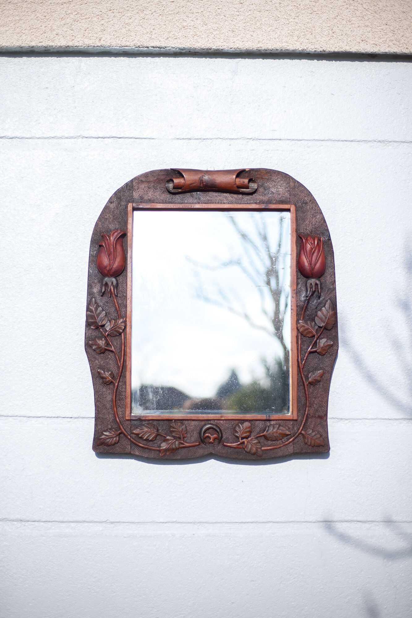 Antique wood mirror, art deco mirror, carved wood mirror tulip patterns, wall mirror, art deco