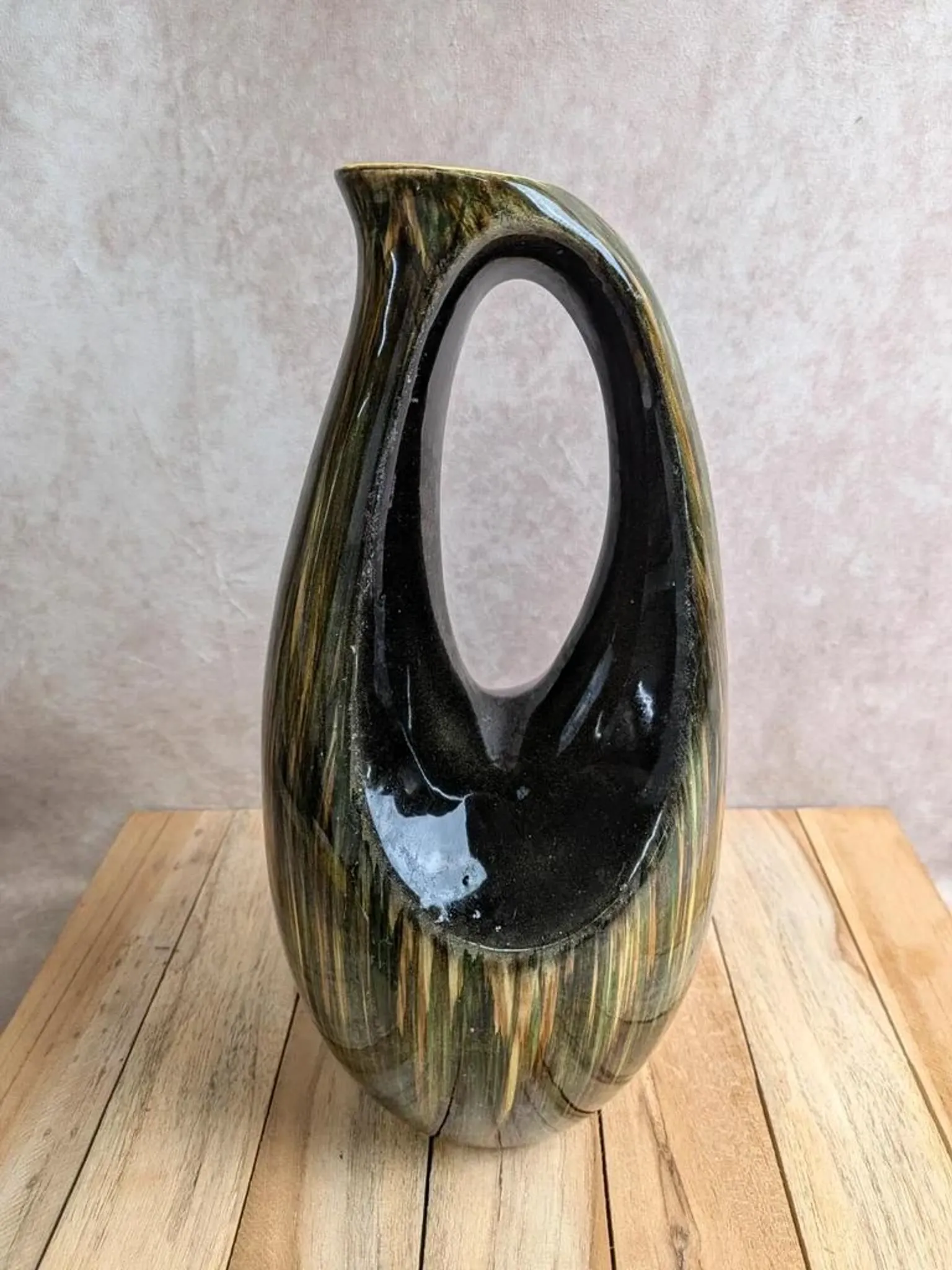 Large Saint-Clément pitcher vase – Green glazed ceramic – Vintage