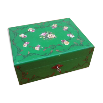 Wooden storage box with floral decoration lock with key