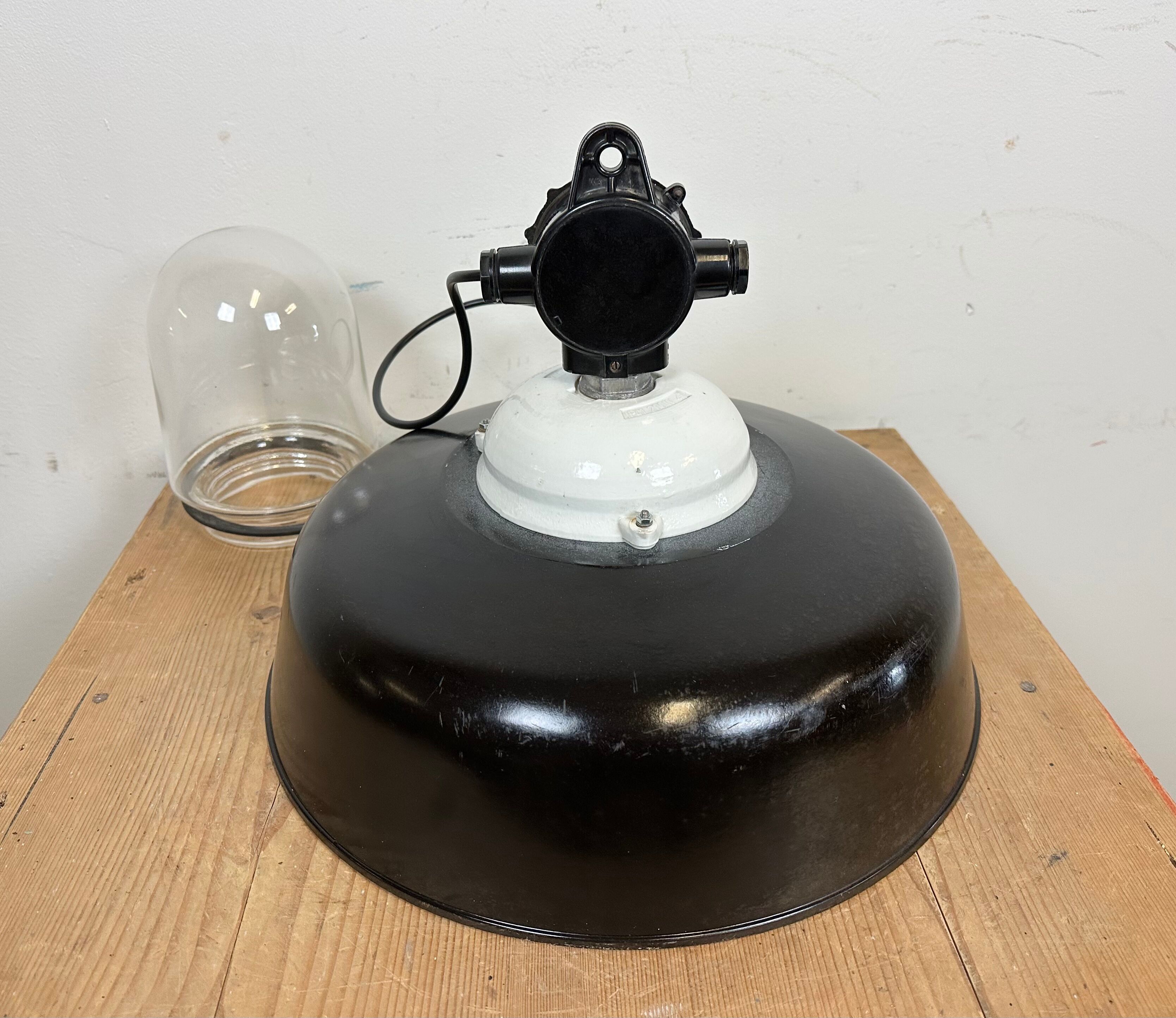 Industrial black enamel lamp with glass cover, 1950s
