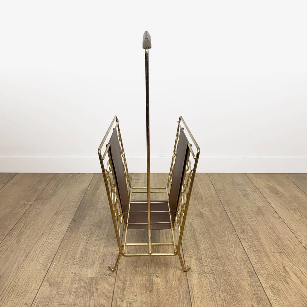 1960s faux leather and brass magazine rack