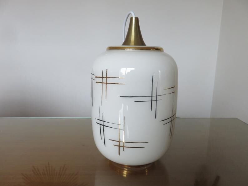 Hanging opaline white gold geometric patterns 60s 70s
