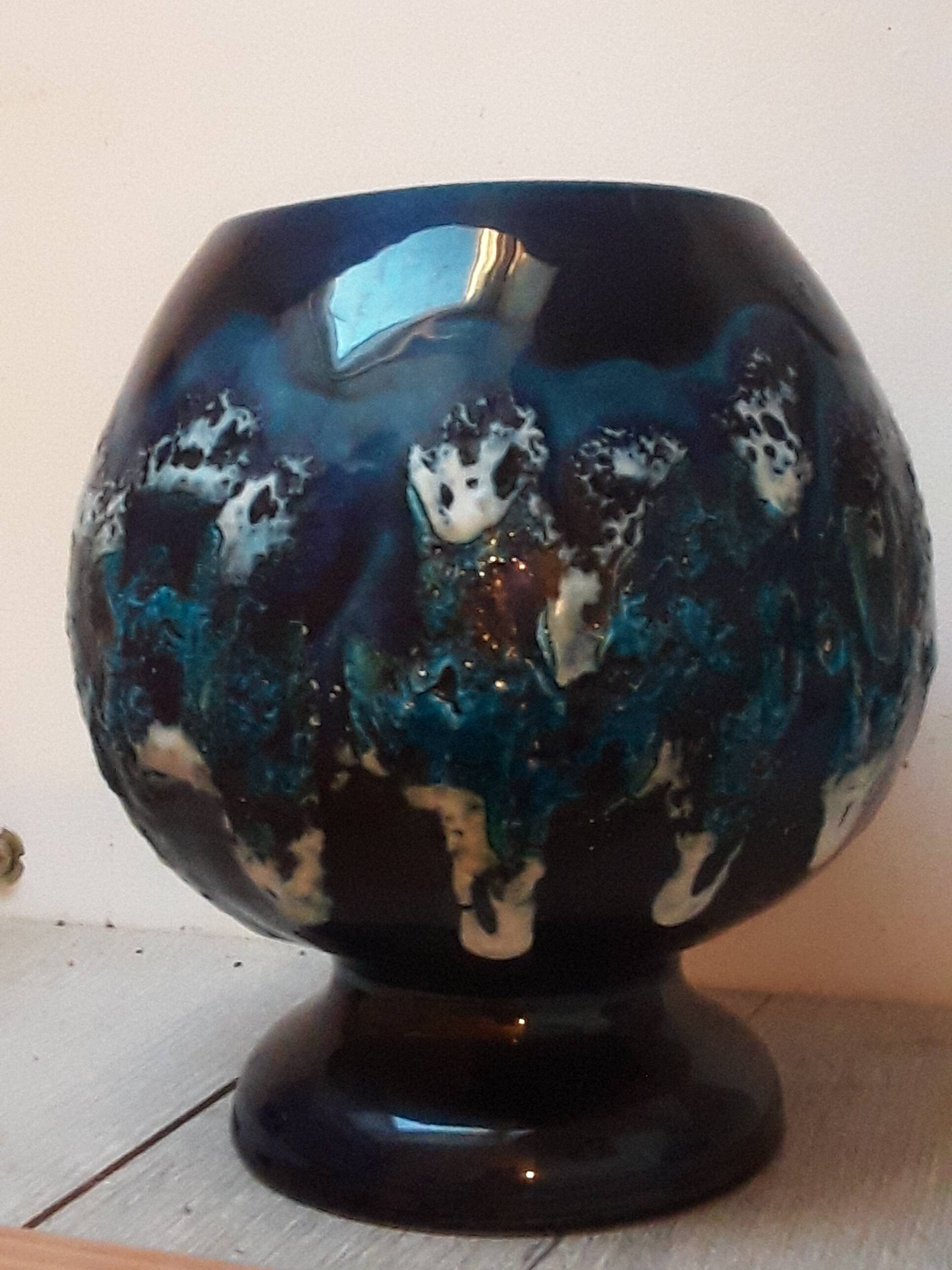 Vintage blue lava decor ceramic ball vase from the 1960s