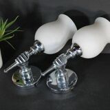 Pair of chrome-plated metal wall lights, hand-shaped with lampshade