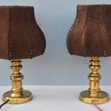 Lot of two retro-modernist lamps with natural leather lampshade