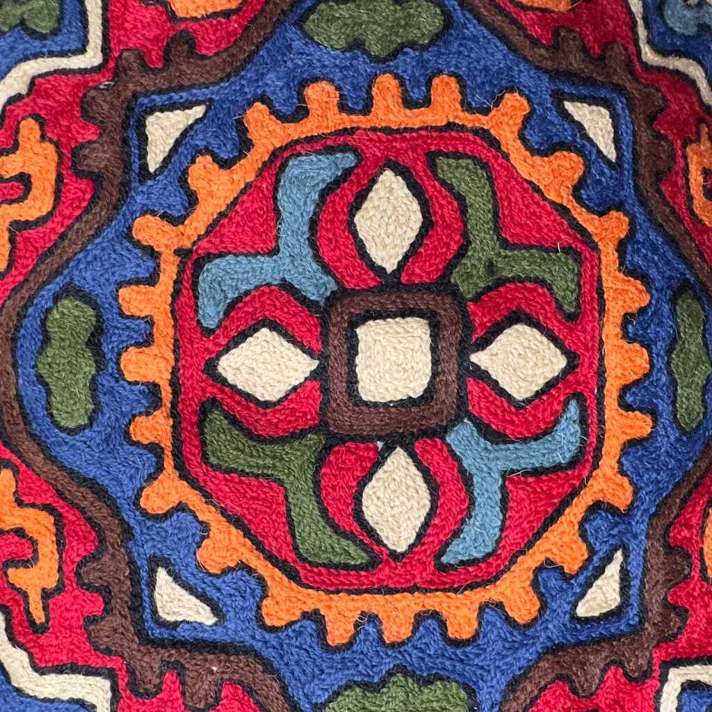 Hand-embroidered wool cushion cover, tribal geometric pattern 40 x 40.
