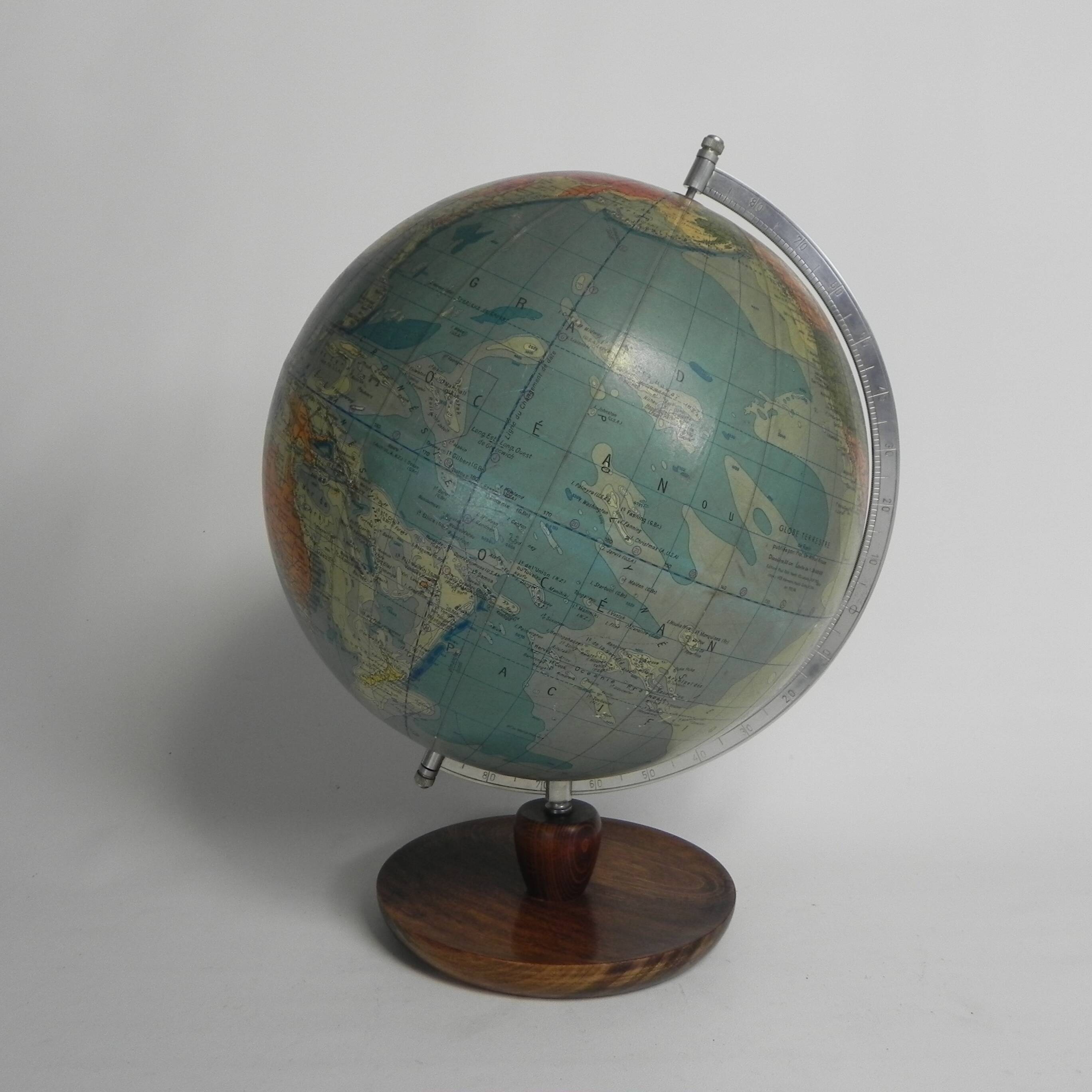 Paper mache globe on wooden base, 1960s