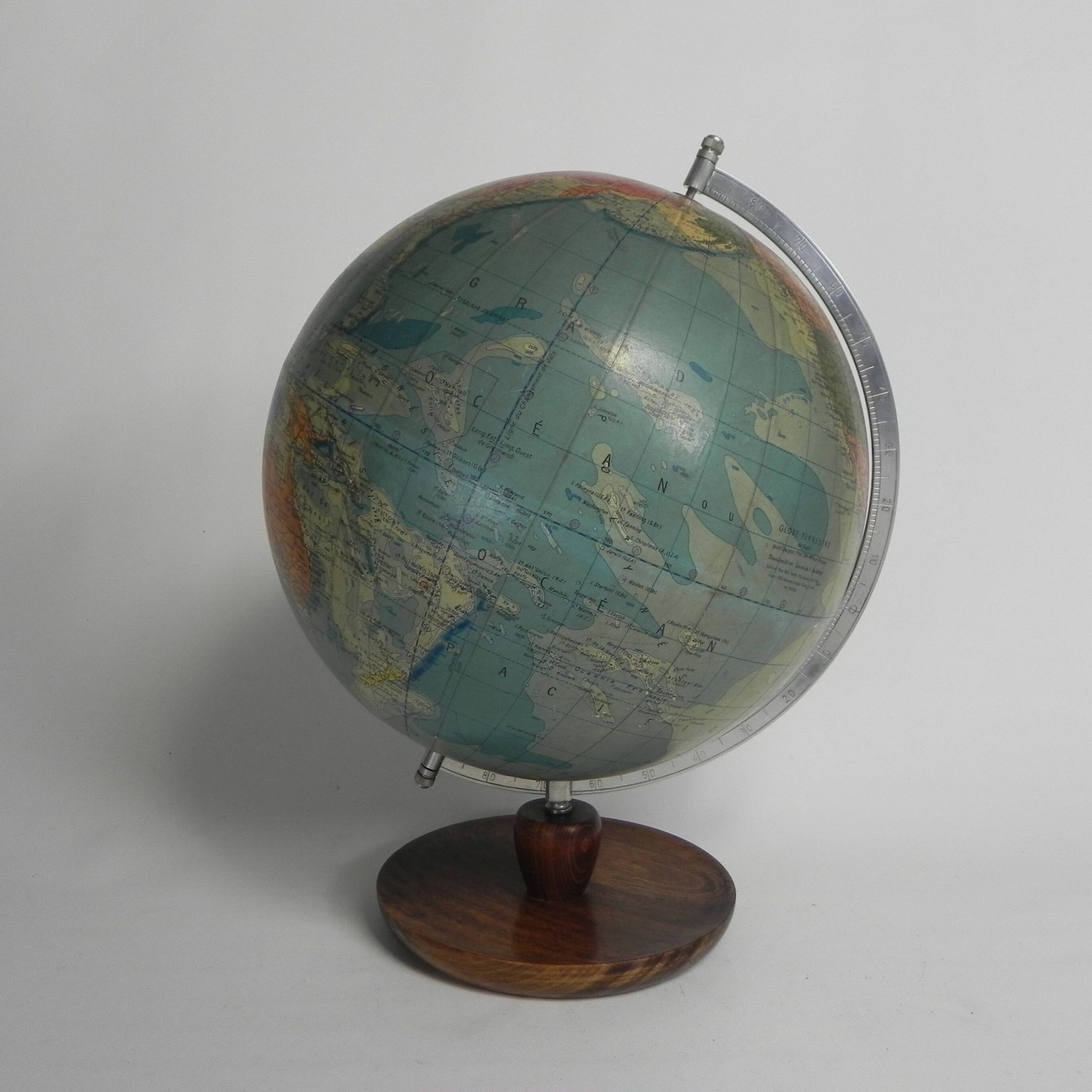 Paper mache globe on wooden base, 1960s