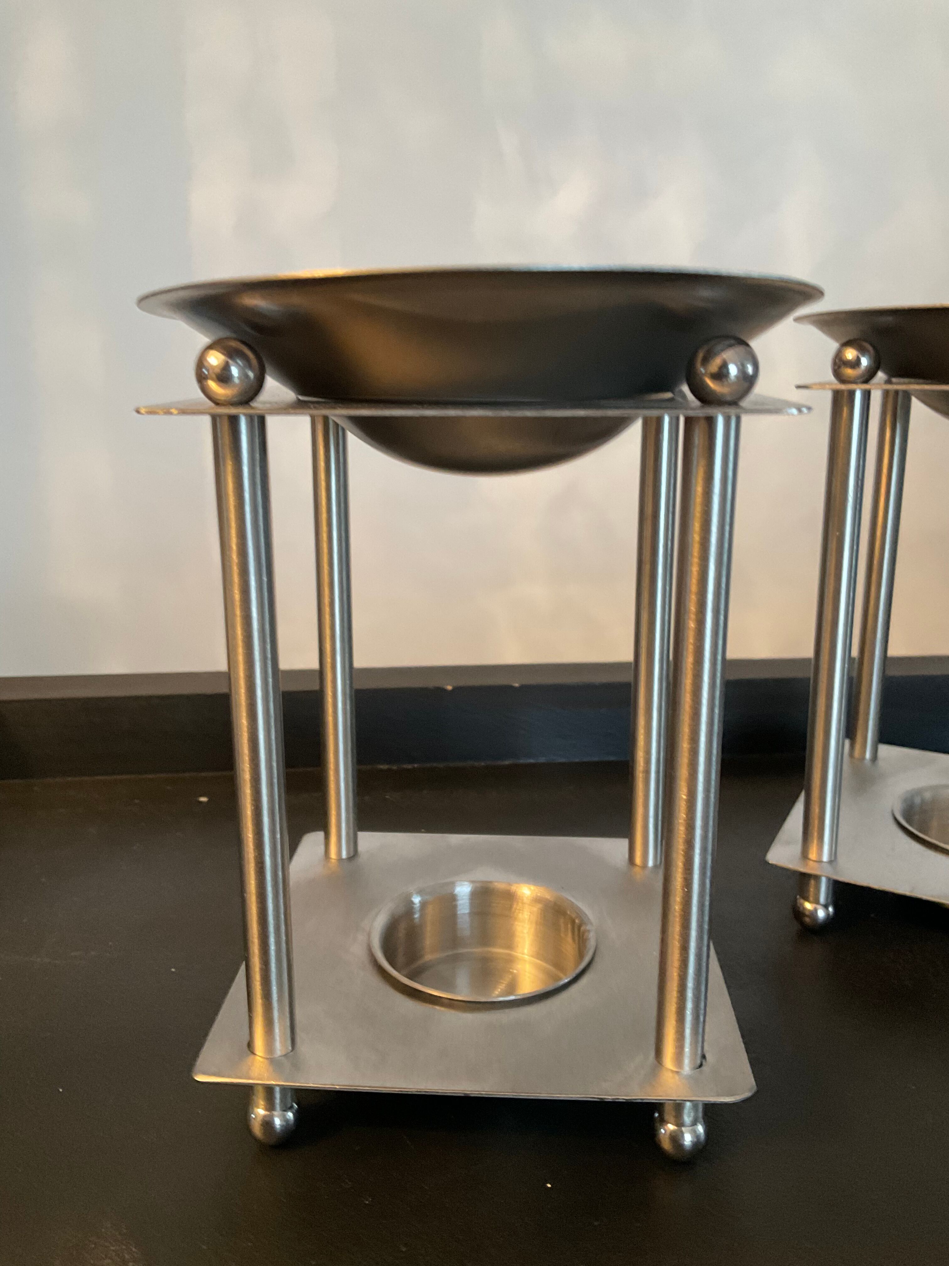 Pair of candlesticks/burner modernist perfume in chromed metal