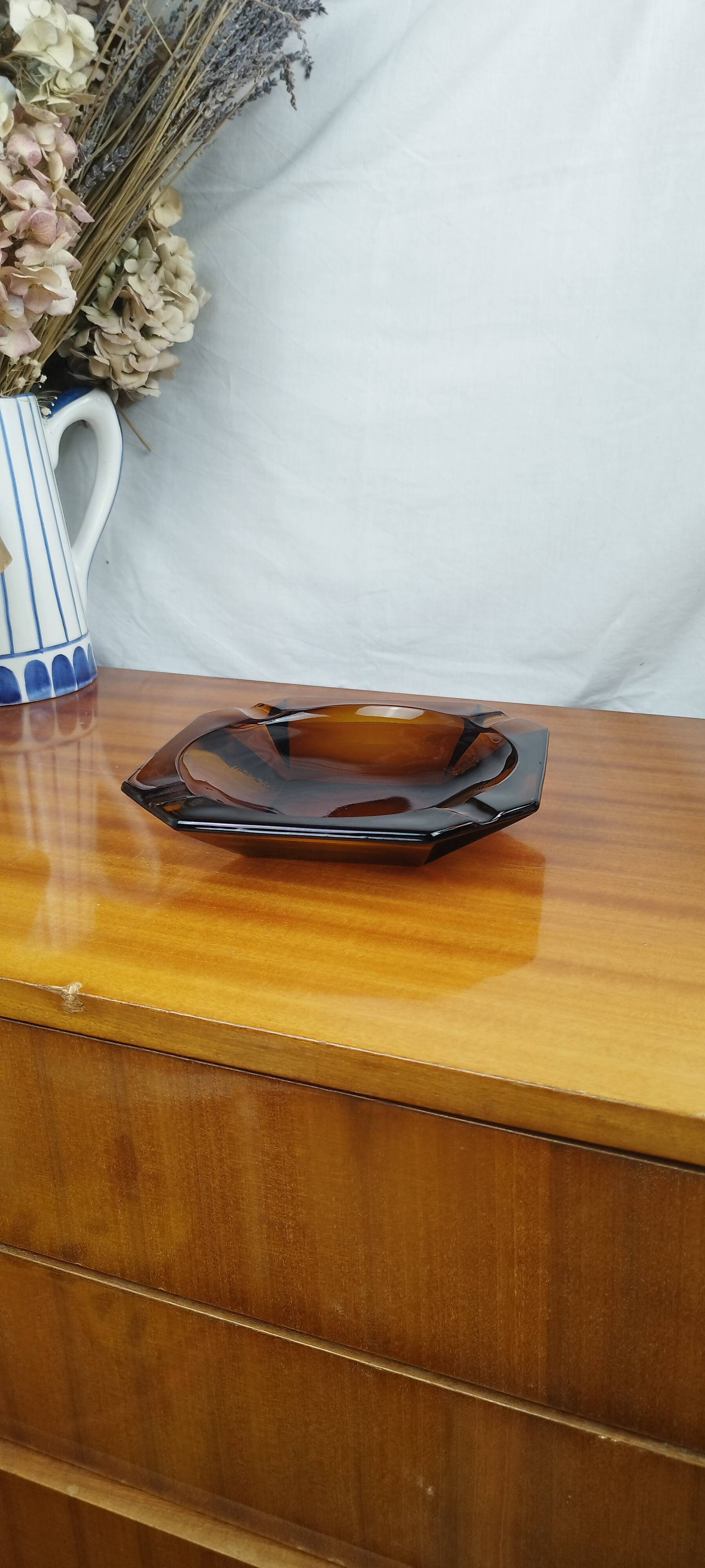 Large Geometric Amber Yellow Glass Ashtray Vintage Art Deco Style