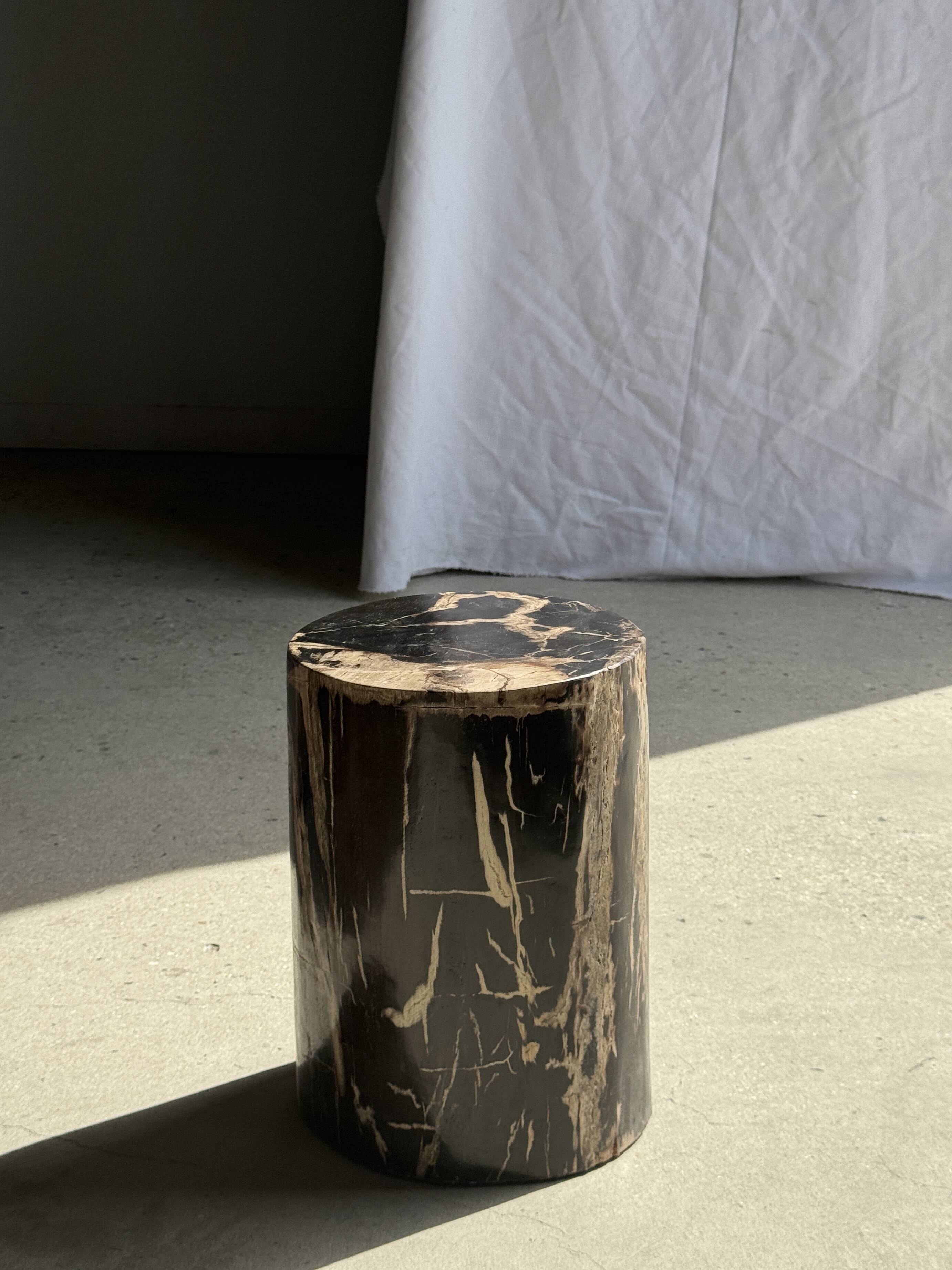Black petrified wood side table with beige stripes and a semicircular shape.