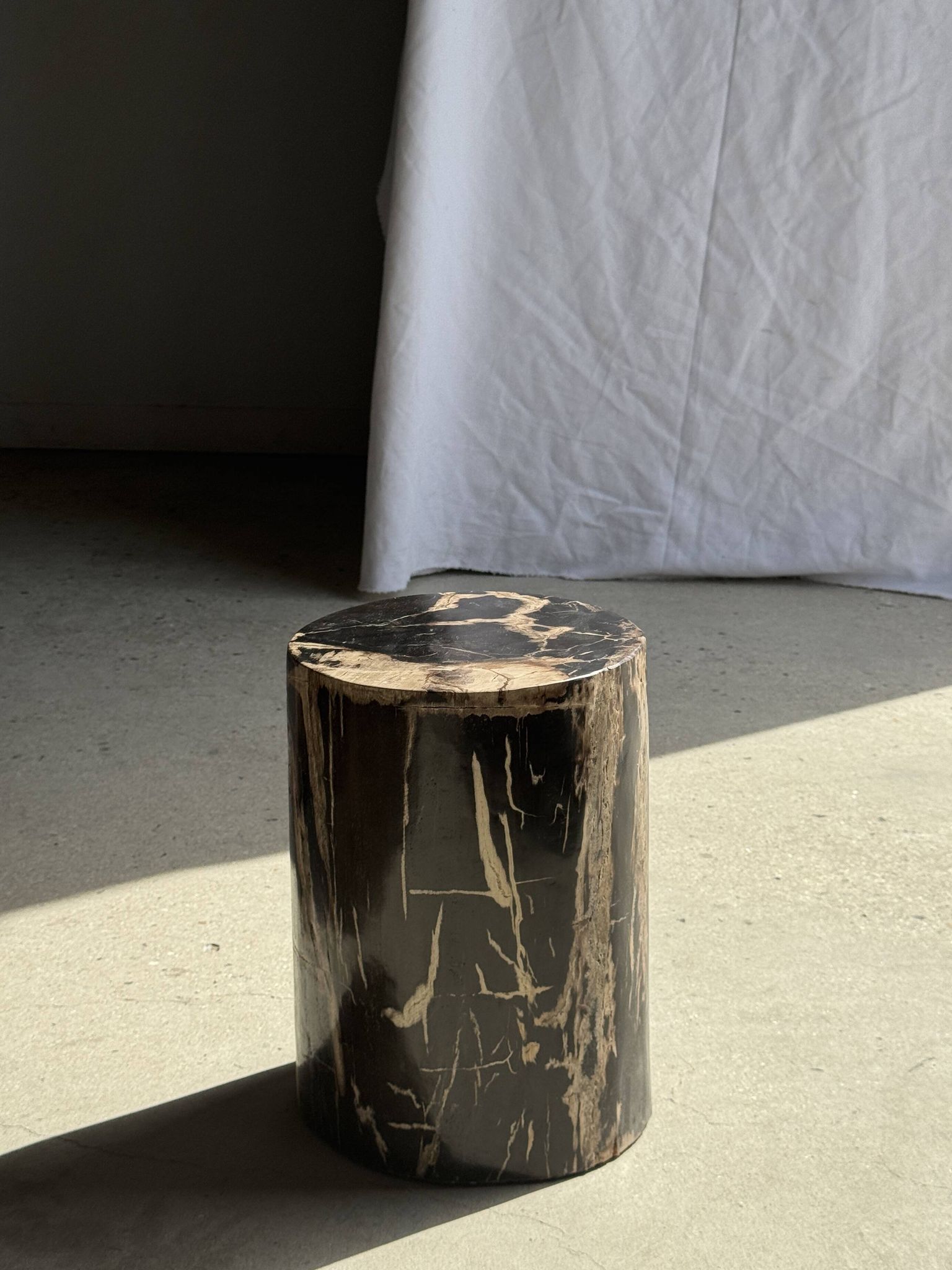 Black petrified wood side table with beige stripes and a semicircular shape.