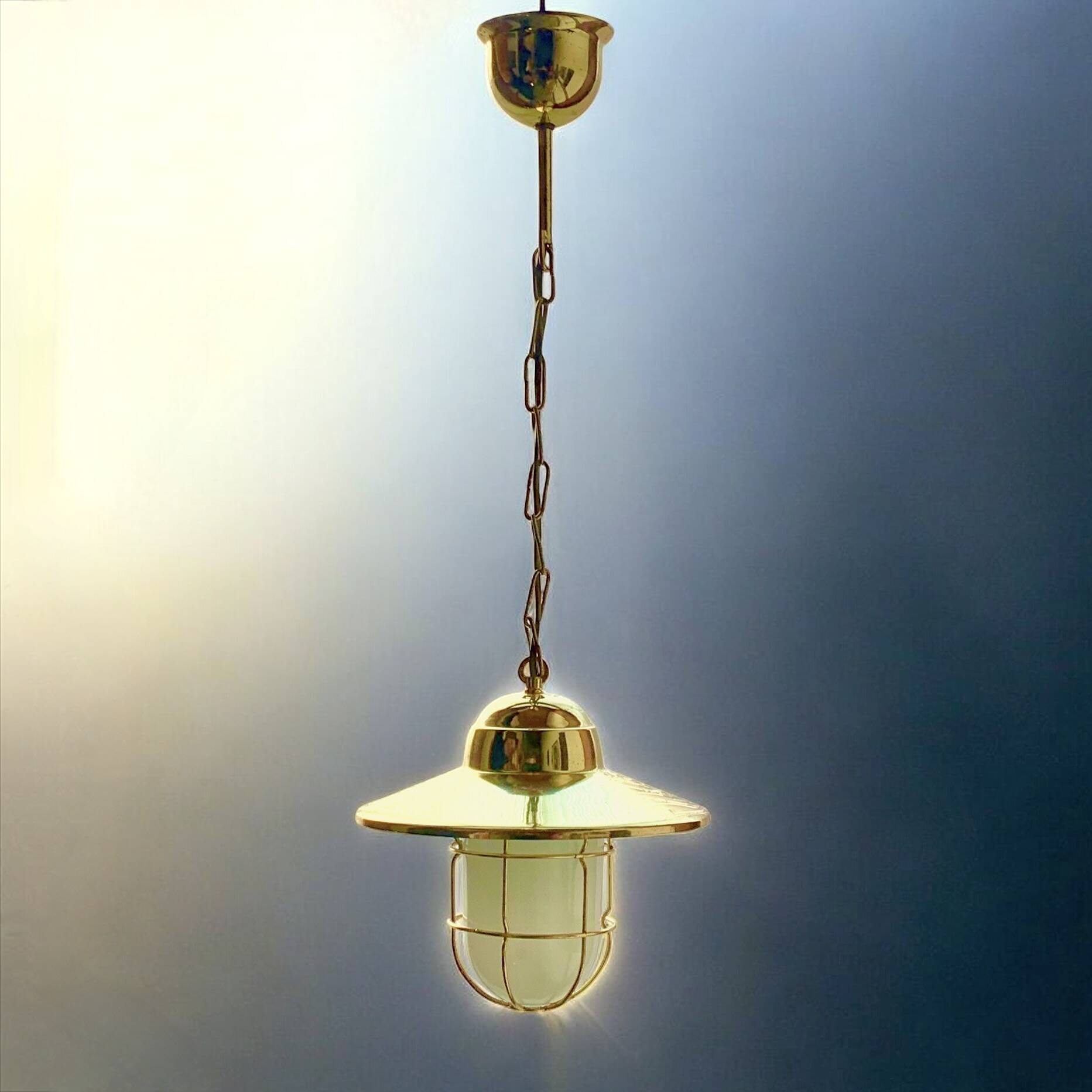 Vintage pendant light in gold metal and white opaline