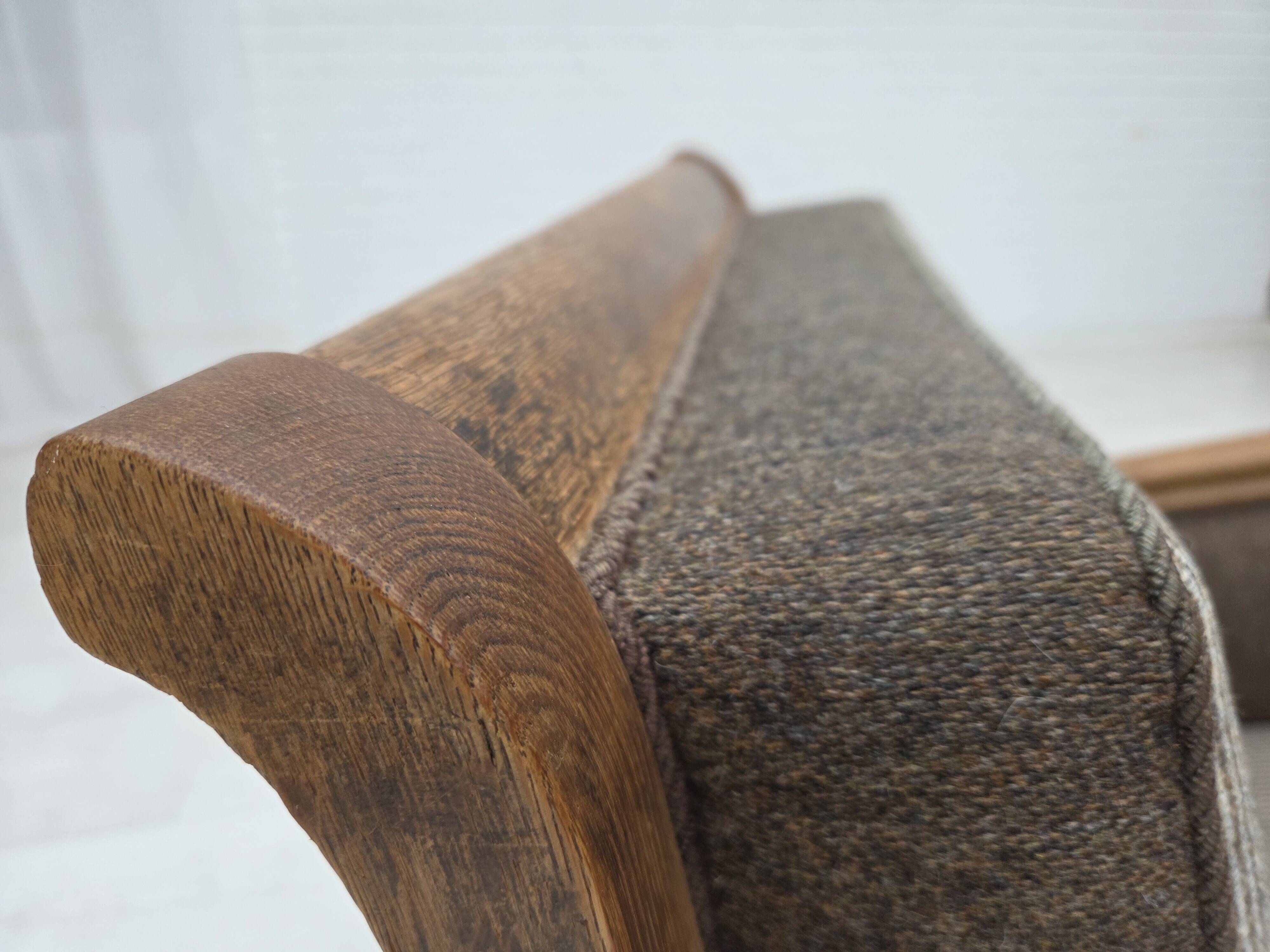 1950s, Danish armchair, furniture wool, solid carved oak wood.