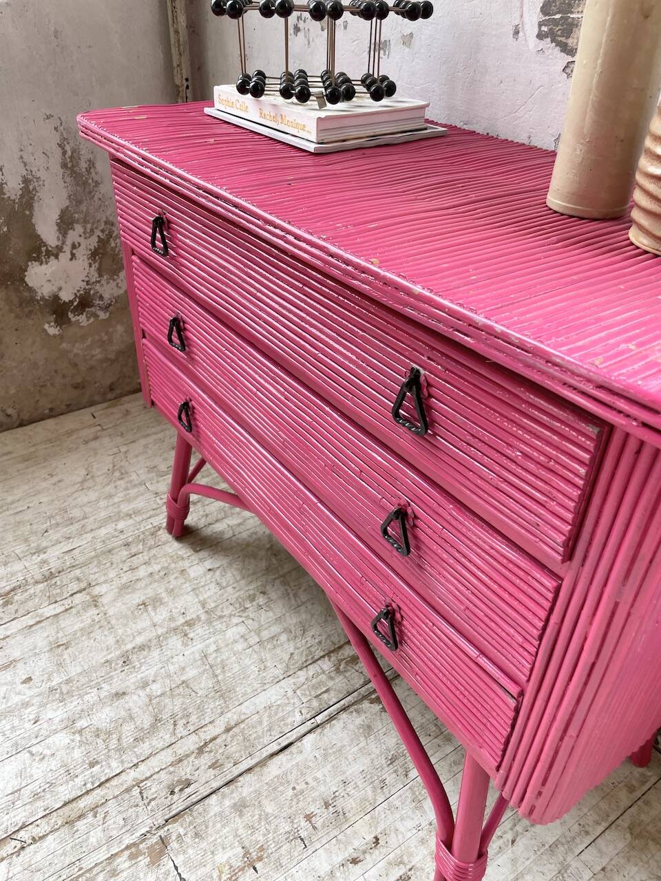 Vintage pink rattan chest of drawers