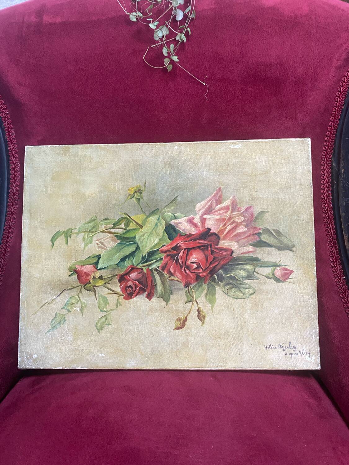 Oil on canvas signed "armful of roses" old