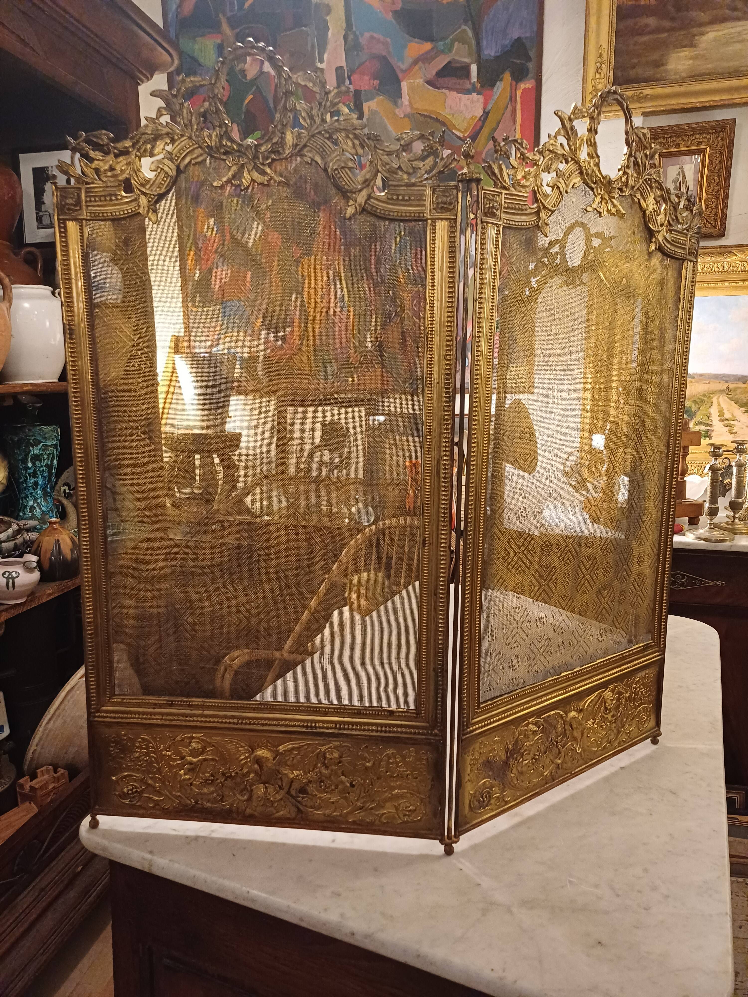 Very Beautiful Fireplace Screen 154 cm/77 cm in Bronze and Brass - Period 1880