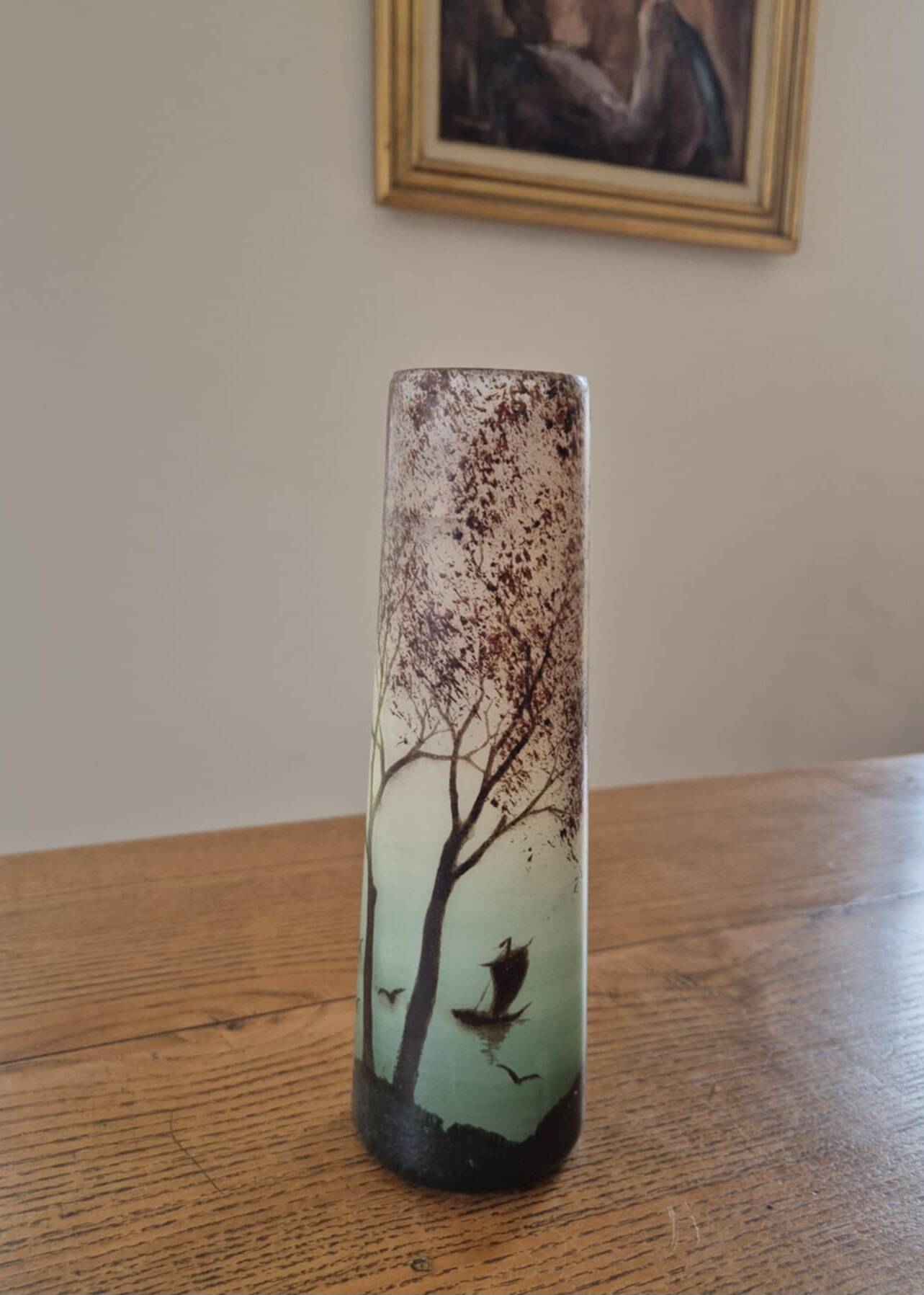Frosted glass vase, painted Art Deco, signed.