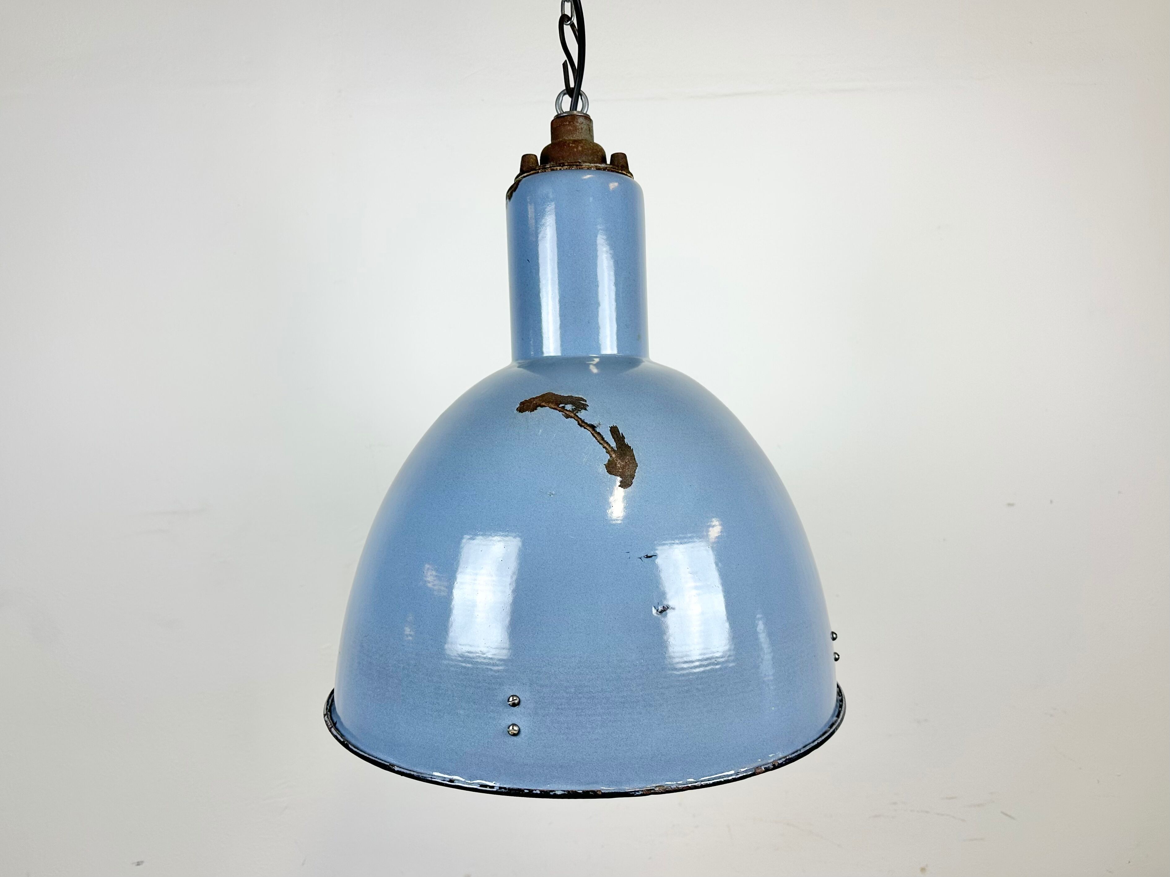 Bauhaus blue enamel industrial pendant lamp, 1950s