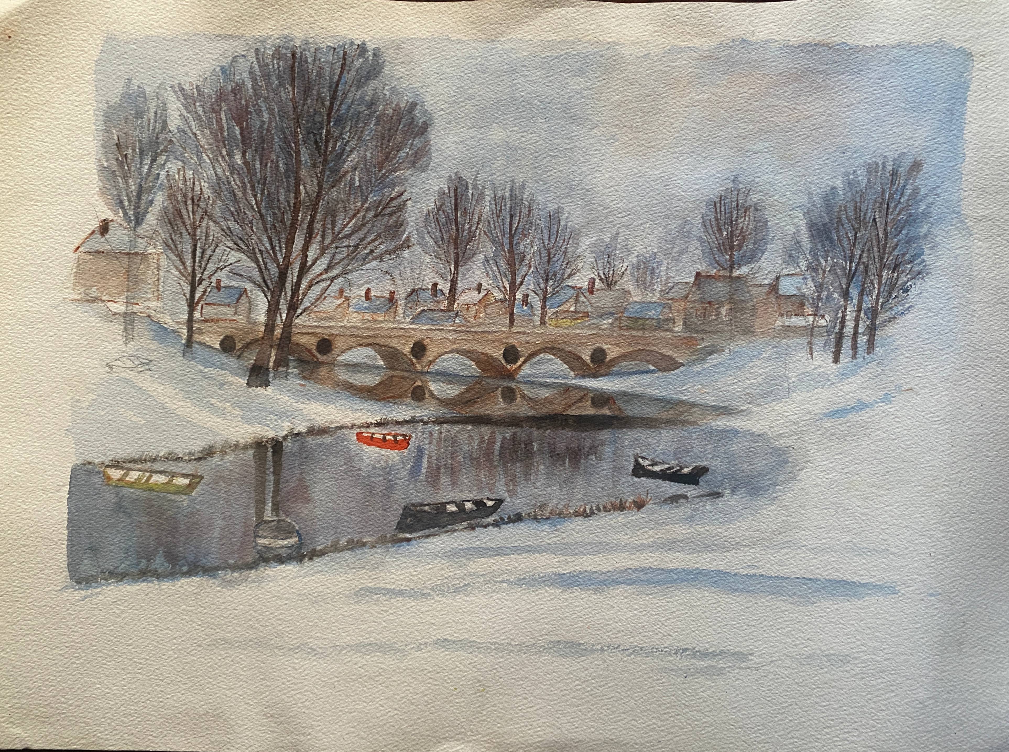 Original watercolor painting "Winter landscape with village and boats"